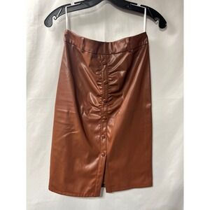 Belle Poque Womens Faux Leather Ruched Front Button Pencil Skirt Brown S Vintag